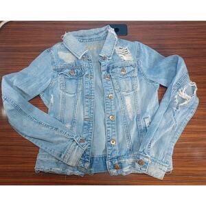 RWH Women's Distressed Light Blue Denim Jacket Size Small Thrashed